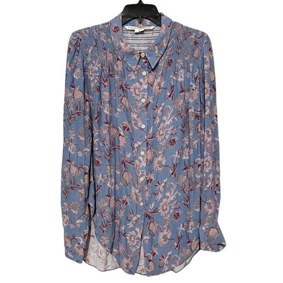 Veronica Beard Dazed Floral Blouse Top Shirt Womens Blue Smocked Long Sleeve 12 - Picture 2 of 6
